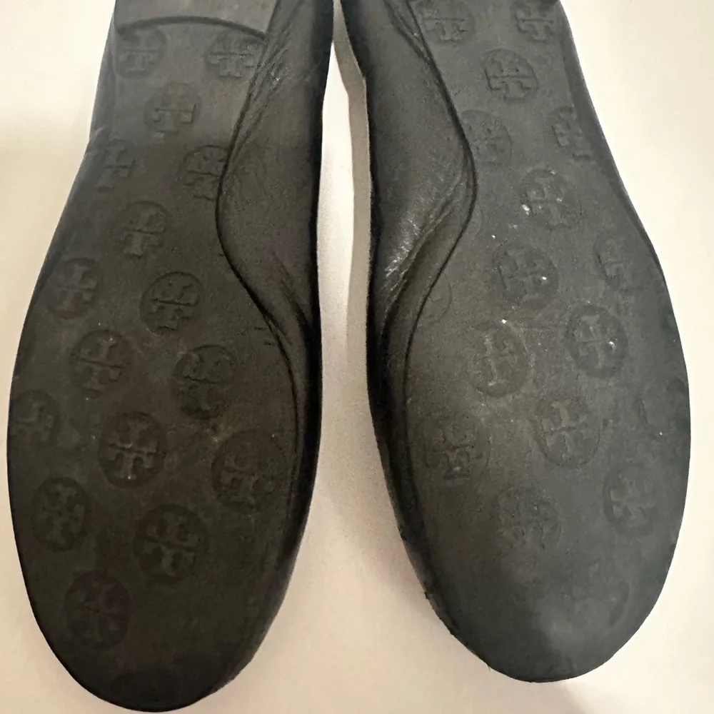 Tory Burch Reva Black Leather Ballet Flats Silver Logo Size 8.5
